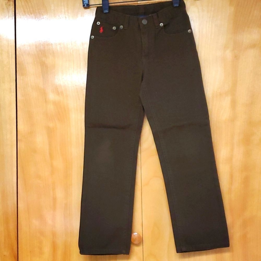 Brown cotton jean style pant straight leg 6 classic fit adjustable elastic waist